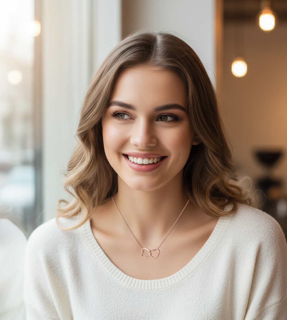 Collar de doble anillo de corazón oro rosado