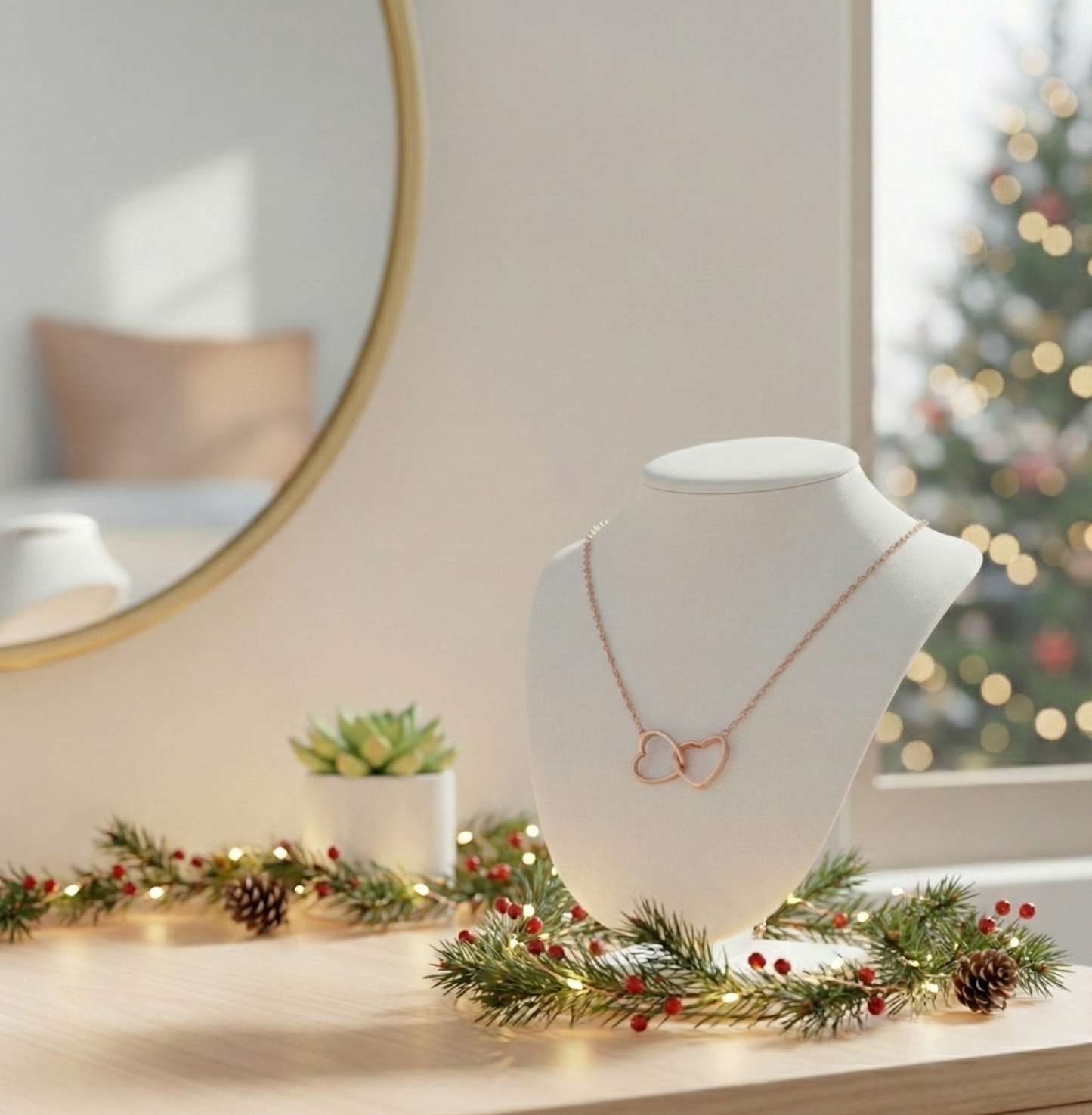 Collar de doble anillo de corazón oro rosado