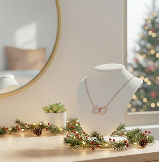 Collar de doble anillo de corazón oro rosado