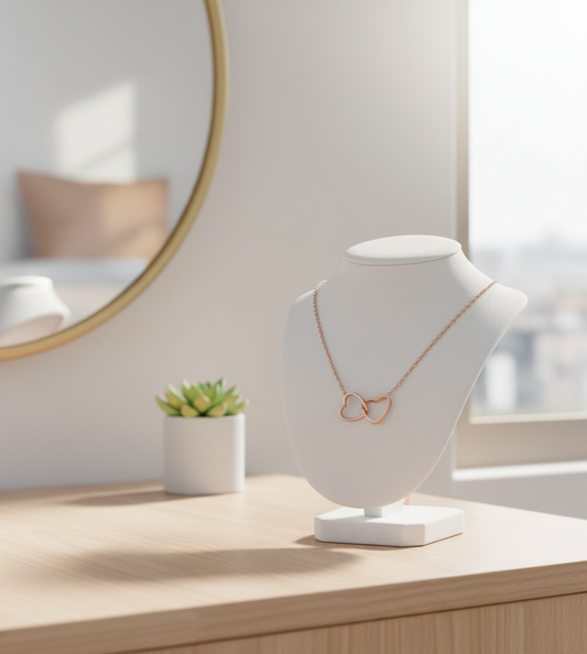 Collar de doble anillo de corazón oro rosado