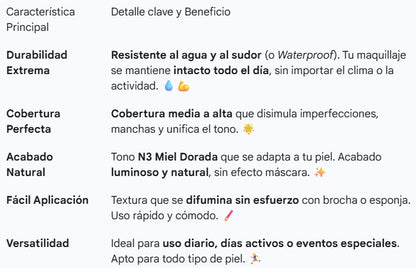 Base de maquillaje resistente al agua y sudor N3 miel dorada